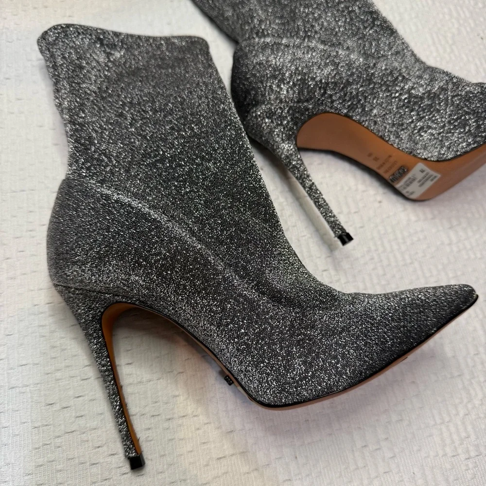 $258 SCHUTZ Silver Metallic Stretch Heeled Ankle Booties 9.5 NWT